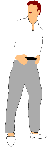 The image shows a man standing with his hands on hips against a black background; he is wearing white pants and has red hair.