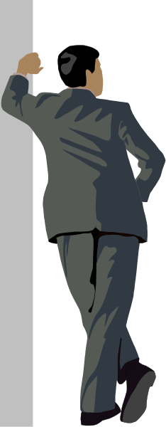 The image shows a black and white illustration of an animated man standing against a wall with his back to us; he is holding onto it for support while looking down at something on the ground out of frame.