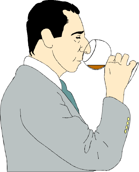 The black and white illustration shows a man dressed formally with a tie drinking from what appears to be an alcoholic drink while standing in front of a dark background; he is holding his glass close to him as if savoring it, looking down at its contents without making eye contact or engaging directly.