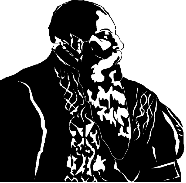 The black and white silhouette of a person holding an object with intricate patterns on it against a dark background.