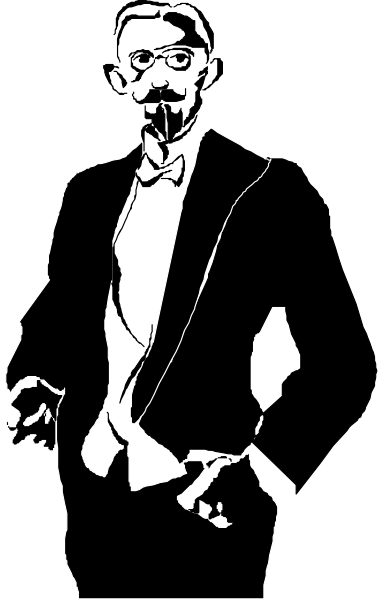 The black and white silhouette of a man holding a cane standing next to an upright piano with music notes on it in front of him.