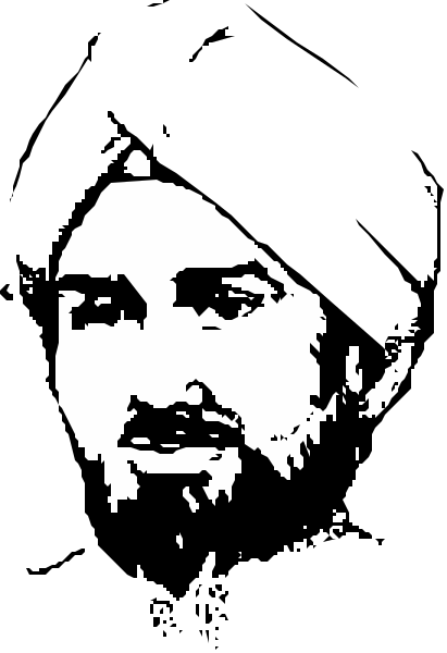 The black and white photo shows a man with facial hair looking directly at the camera; he is wearing what appears to be traditional South Asian attire and has dark skin tones.