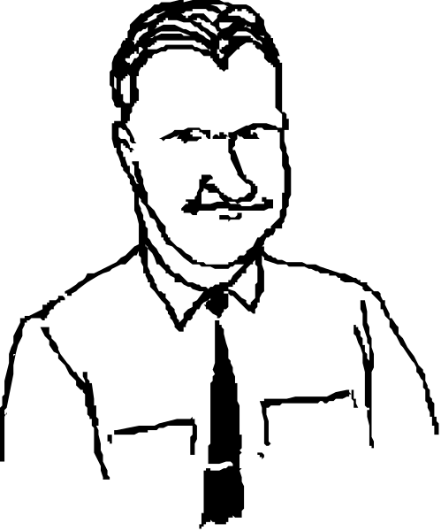 The black and white photo shows a man's face with his head cropped out of frame on top half against dark background in bottom half.