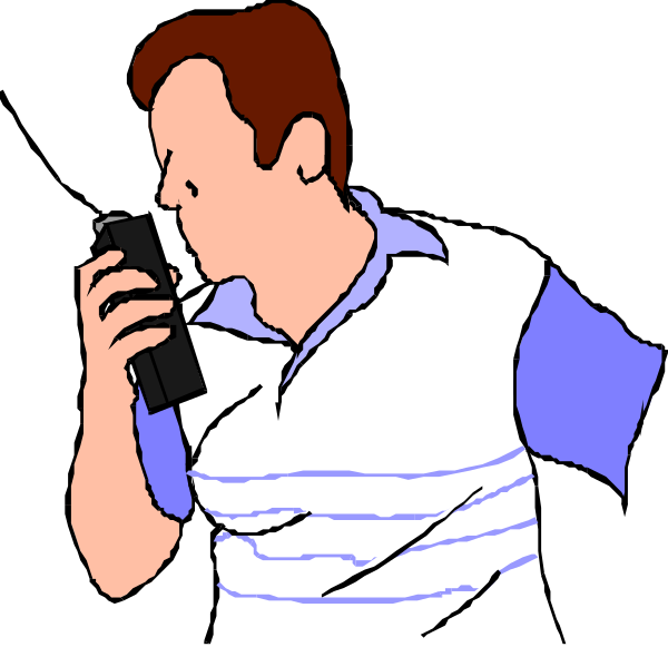The image shows a man standing with his hand to his ear as if he's talking on a cell phone; behind him is another figure who appears to be looking down at something in their hands while wearing what looks like an official uniform, possibly indicating some form of service or authority role such as security.