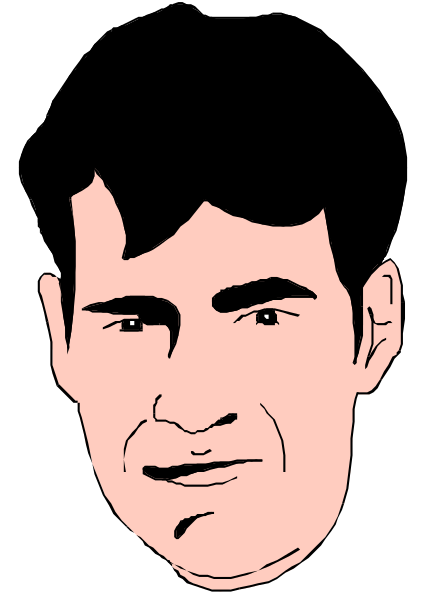 The black and white illustration shows a man's face with an exaggerated expression of surprise on his features; he has dark hair and is wearing what appears to be a suit jacket over a shirt collar that can only partially see due to perspective distortion, suggesting it might have been taken from below.