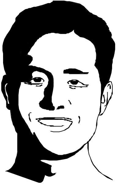 The black and white photo shows a man with dark hair smiling at something off camera to his right.