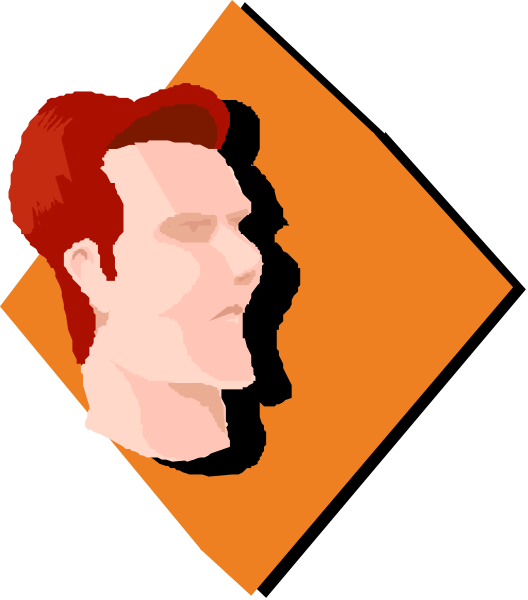 The image shows a pixelated graphic of an orange diamond with two faces on it: one male face at top left corner and another humanoid figure's head in profile facing right towards bottom center.