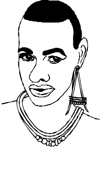 The black and white photo shows a man with facial hair wearing jewelry around his neck.