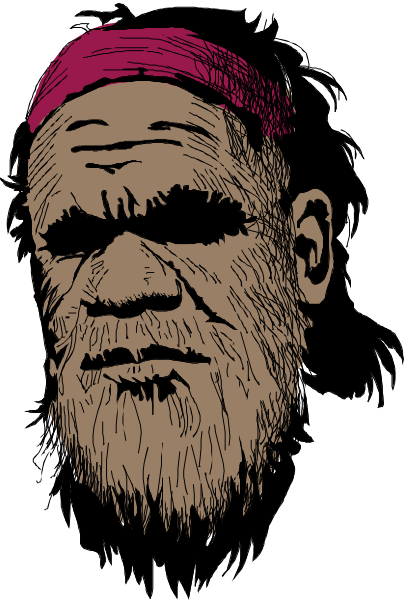 The black and white illustration features a man with facial hair wearing an orange beanie hat looking to his right side of image.