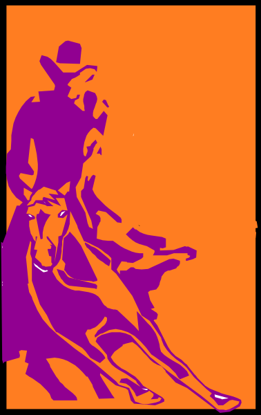 The image shows a purple background with an orange border featuring silhouettes of two cowboys riding horses; there is no text present in this clip-art graphic.