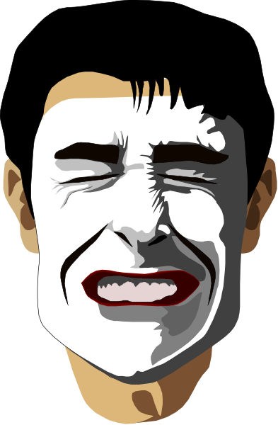 The image shows a man with white makeup on his face making an exaggerated facial expression; he appears to be crying out in distress while looking upwards towards something unseen.