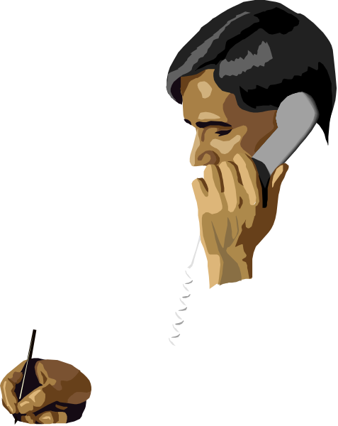 The image shows a man talking on an old rotary phone while holding papers with both hands; he is wearing glasses and appears to be in his office environment.