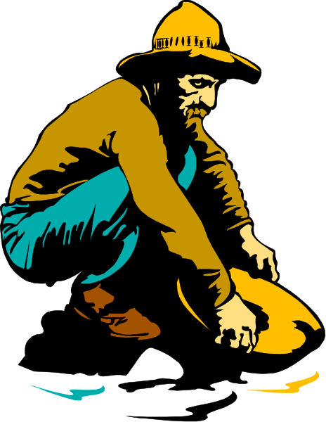 The image shows a man crouching down with his hands on his knees; he is wearing blue jeans, boots, gloves, and has facial hair. He appears to be looking at something in front of him while holding what looks like an object that could possibly be related to farming or ranching activities.