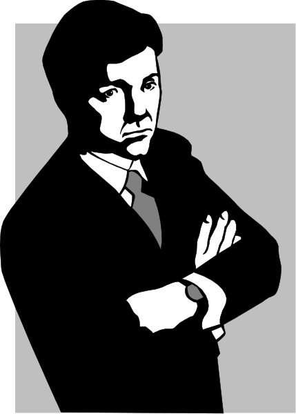 The black and white silhouette of a man standing with his arms crossed against an abstract background.