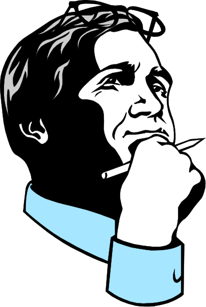 The image shows a black and white illustration of an animated man with glasses sitting at his desk holding a pen while thinking deeply about something on paper in front of him.