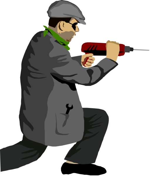 The illustration shows a man crouching down with an object that resembles a gun pointed at his head from above; he is wearing glasses and has dark hair.