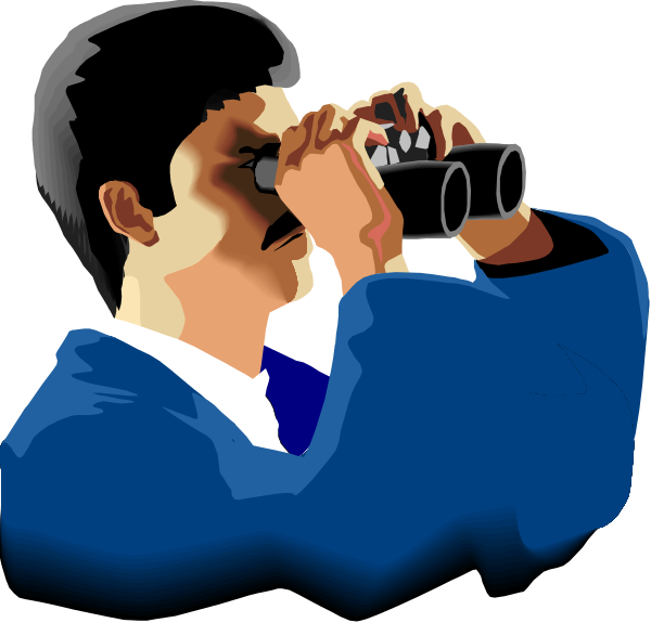 The image shows a cartoon of two men looking through binoculars at something out of frame; both have mustaches and appear to be in an outdoor environment with trees behind them.