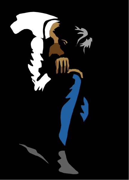 The image shows a black silhouette of an animated character with blue clothing on its back against a dark background.