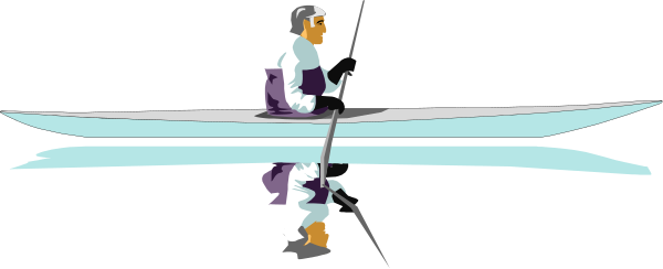 The image shows a person kayaking on water with an oar, wearing what appears to be white clothing that could suggest cold weather conditions such as skiing gear.