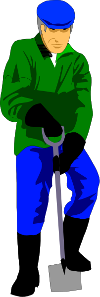 The image shows a man standing next to an open umbrella on what appears to be a rainy day outside at nighttime with his back turned towards us while he is holding something in both hands that could possibly be related to gardening, such as trowels or small shovel-like tools.