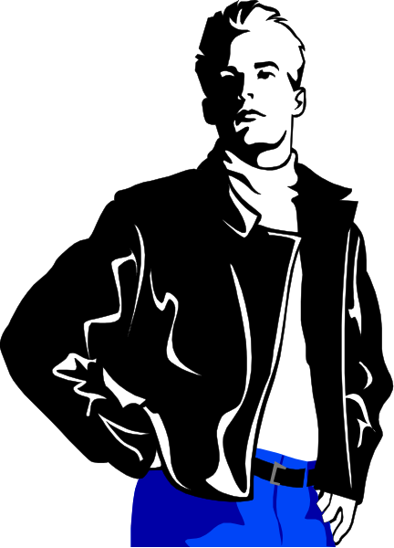 The black and white illustration features a man standing with his hands on hips against a dark background; he is wearing blue jeans and has short hair.