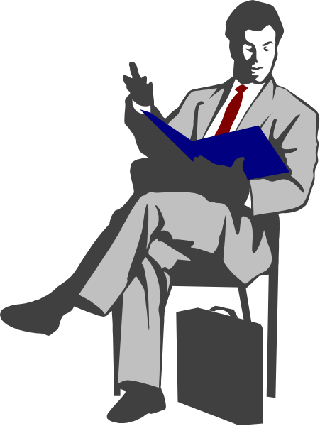 The black and white illustration shows a man sitting on an office chair with his legs crossed atop another chair; he is holding what appears to be a book in one hand while gesturing towards it with the other, suggesting that he might be explaining something from its pages or discussing content within it.