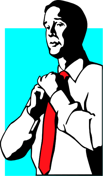 The image shows a man standing with his hands clasped together over an open shirt collar; he is wearing a red tie and appears to be in mid-speech or gesture.