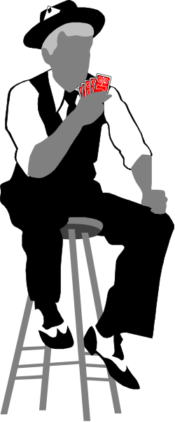 The black and white silhouette of a man playing an upright bass while standing on stool at what appears to be a bar counter with his back turned towards us; he is holding two items in each hand, one being a microphone stand and another that could possibly be a guitar or instrument case.