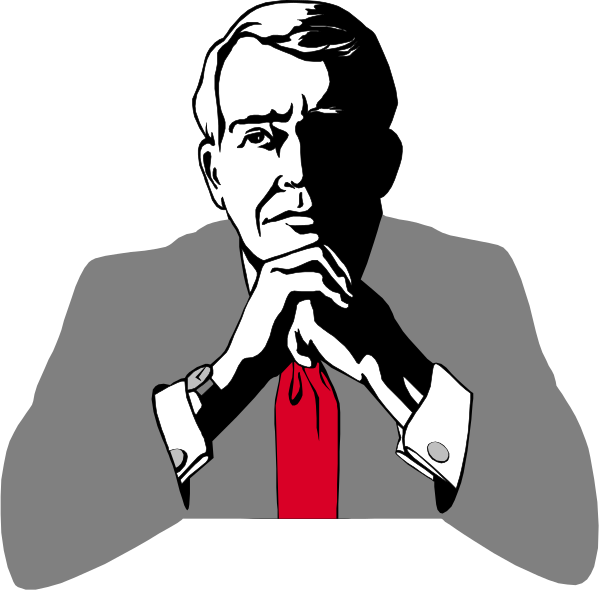 The image shows a black and white silhouette of two men sitting at opposite ends of a table with their hands clasped together in front of them; one man is wearing glasses while both have ties on.