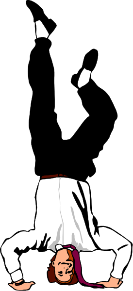 The image shows a black and white cartoon of two characters: an adult figure standing upright on their hands with legs extended outward in front of them, appearing to be performing some sort of acrobatic trick; below this character is another smaller one who seems to have fallen or been pushed down onto the ground.
