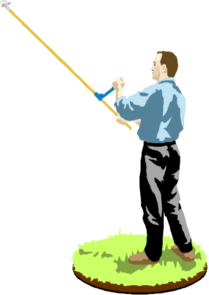 The illustration depicts a man standing on grass holding an object that resembles fishing equipment with both hands while looking upwards towards something out of frame.