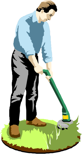The image shows a man using an oversized shovel to dig up grass on what appears to be a golf course.