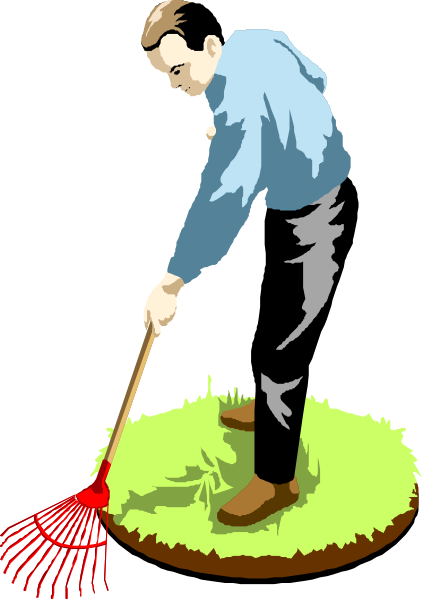 The image shows a man using an oversized rake to spread grass seed on what appears to be a small patch of ground in front of him.
