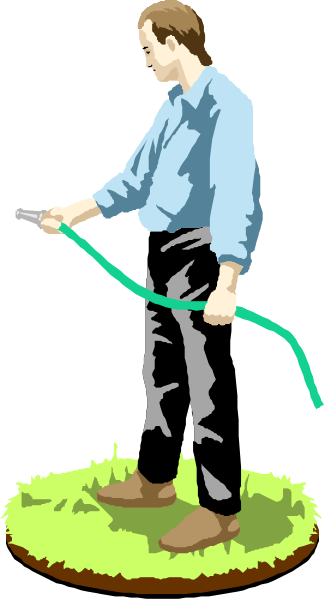 The image shows a man standing on grass with his back to us; he is holding an object that resembles a hose in one hand while pointing upwards towards it with the other.
