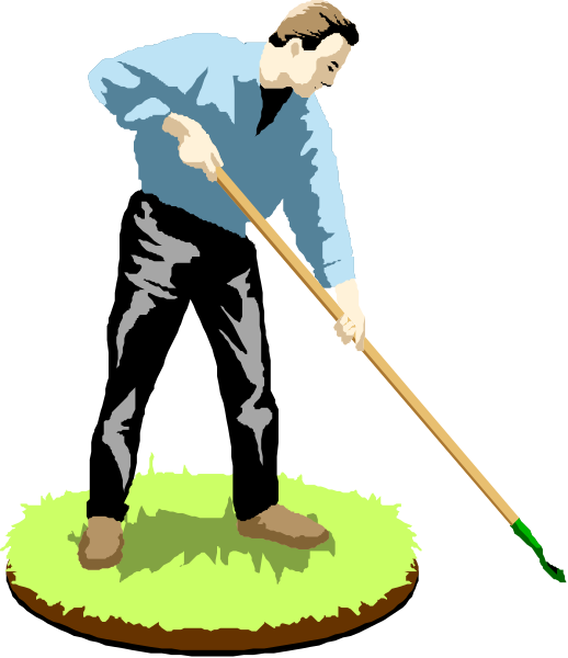 The image shows a man using an object to dig into grassy ground with his back turned towards us; he is wearing blue jeans and holding what appears to be a shovel in one hand while standing on top of a green patch that could represent soil, moss or turf.