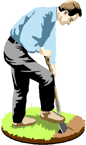 The illustration shows a man using an old-fashioned lawn mower on grass while standing next to it with his foot resting against its base.