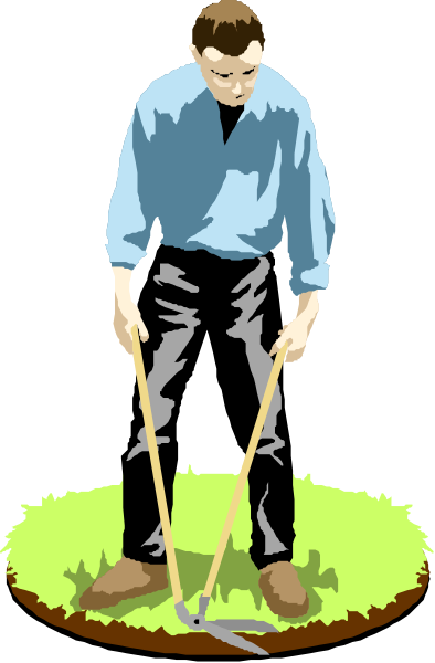 The image shows a man standing on grass with his hands resting atop two golf clubs while looking downward; he is wearing blue jeans and has short hair.
