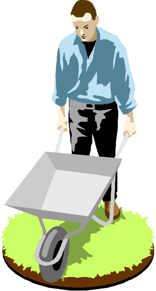 The image shows a man pushing an empty wheelbarrow on grass with his back to us; he is wearing blue jeans and has short hair.