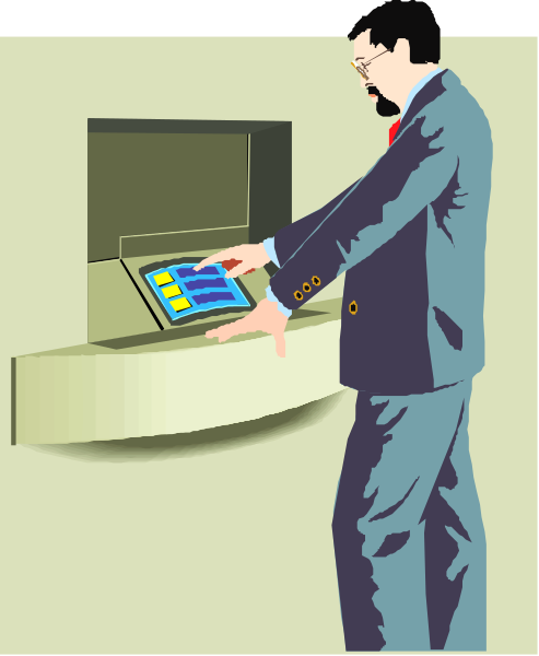 The image shows a man standing at an ATM machine with his hand on it while looking downward towards some buttons below him; he is dressed in business attire including a suit jacket and tie.