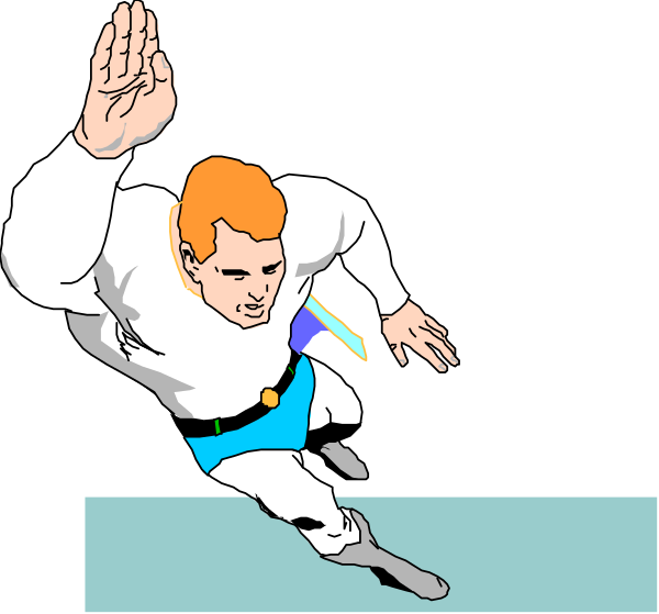 The image shows a comic book illustration of two animated characters: on the left is an adult male with red hair wearing blue shorts running to his right; he has one hand extended forward as if reaching for something, and both arms outstretched behind him in a dynamic pose that suggests motion. On the right side of the frame appears another character who seems younger or smaller than the first, also depicted mid-run but facing towards us with their left arm raised to chest level; this second figure is wearing blue shorts as well, though they are not detailed enough for me to provide more specific information about