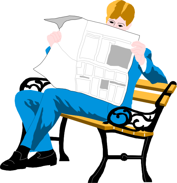The illustration depicts a man sitting on an outdoor bench reading a newspaper with his legs crossed at the knees while wearing business attire; he is depicted in black-and-white line drawing form against a dark background, giving it a minimalist and modern appearance.