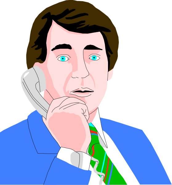 The image shows a man dressed as Bill Clinton talking on two phones simultaneously while standing next to an open window with curtains drawn back in his office-like room.