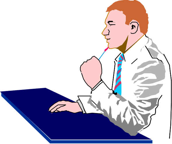 The image shows a man sitting at a desk with his hand on his chin as if deep in thought; he is wearing a suit jacket over what appears to be an undershirt without a tie.