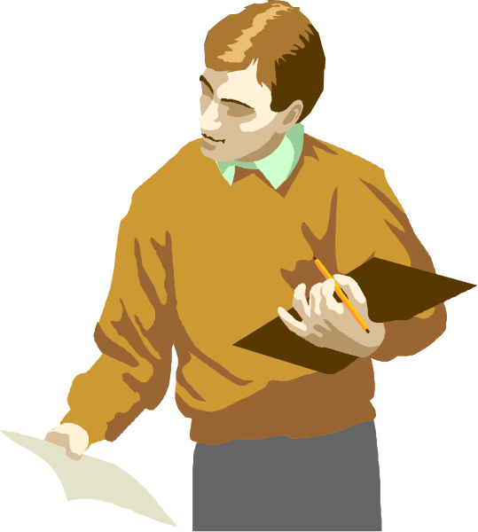 The illustration shows a man wearing an orange sweater holding papers with his left hand while writing on them with his right in front of him against a dark background.