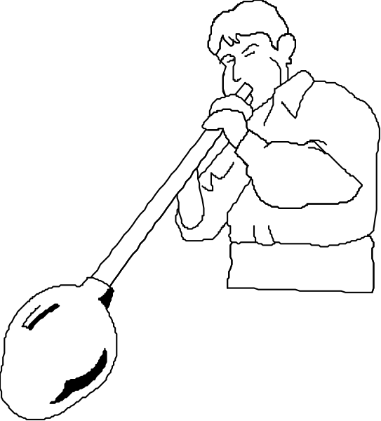 The black and white illustration shows a man playing an instrument that resembles a large trumpet with his mouth to it while standing in front of what appears to be a microphone on a stand.
