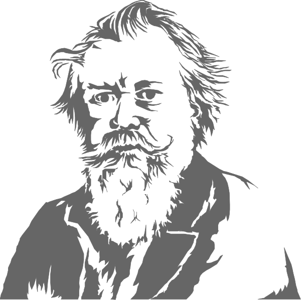 The black and white silhouette of a man with facial hair against an indistinct background.