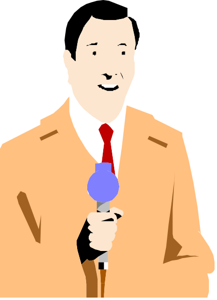 The image shows a man standing behind a microphone at an event with his mouth open as if speaking into it; he is wearing a red tie over a white shirt and has short hair.