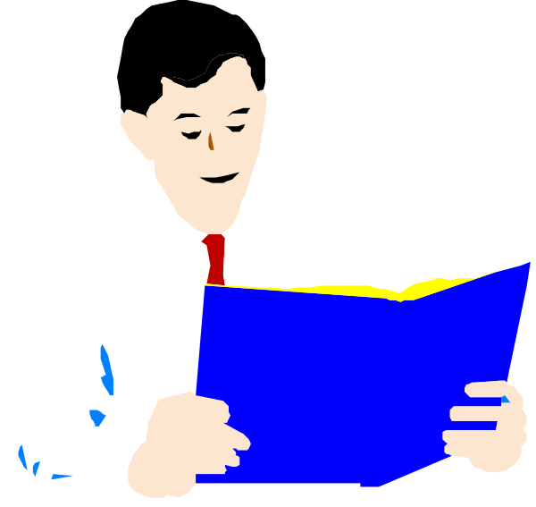 The image shows a cartoon of an adult male figure reading from an open book with blue pages while seated at what appears to be a desk in front of him; he is wearing a white shirt and tie.