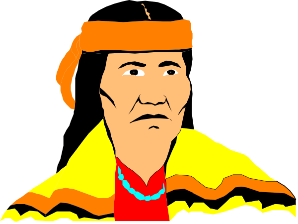 The image shows a cartoon of an indigenous man with red hair wearing traditional clothing standing against a dark background; he is depicted in profile facing left.