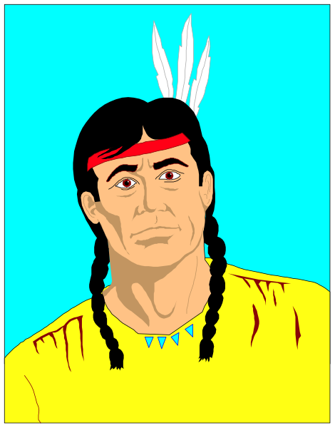 The image features a cartoon depiction of an indigenous man with braided hair wearing traditional attire; he is standing against a blue background.